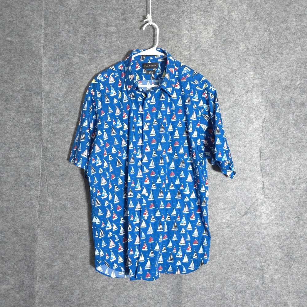 Paul Fredrick Sailboat Shirt Mens XL Blue Nautical Cotton Short Sleeve Classic